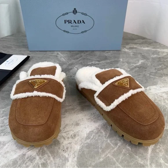 Prada Tan Suede Slippers with White Trim - Picture 3 of 8